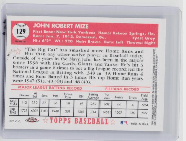 2002 Topps Chrome Johnny Mize #52R-5 Yankees 1952 Reprints Refractors - Image 3