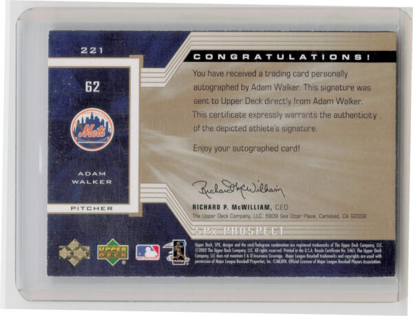 2002 Upper Deck Rookie Update Adam Walker AU SN825 RC #221 Mets 2002 SPx Update - Image 3