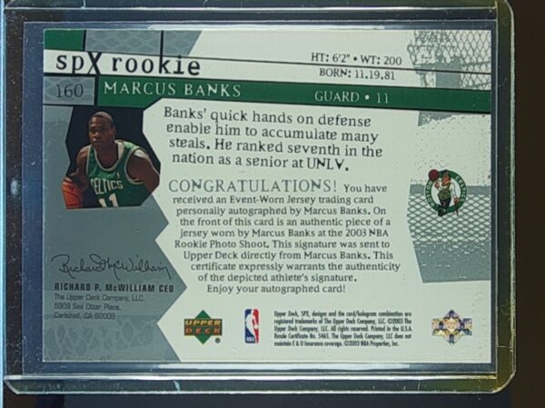 2003-04 SPx Marcus Banks AUTO RC /1250 JSY #160 Celtics - Image 3