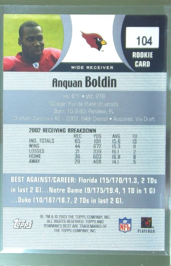 2003 Bowman's Best Anquan Boldin RC JSY #104 Cardinals - Image 3