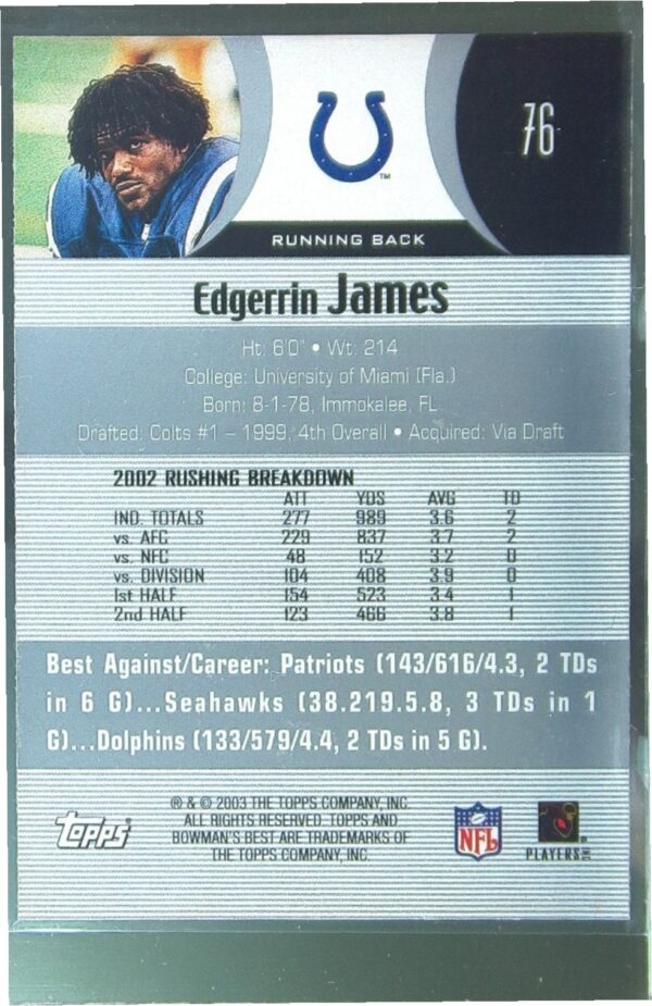 2003 Bowman's Best Edgerrin James #76 Colts - Image 3