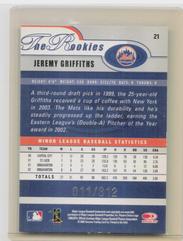 2003 Donruss/Leaf/Playoff (DLP) Rookies & Traded Jeremy Griffiths 2003 Donruss R - Image 3