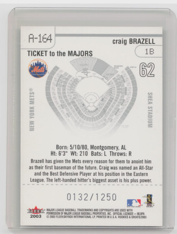 2003 Fleer Rookies & Greats Craig Brazell RC SN1250 #A-164 Mets 2003 Fleer Authe - Image 3