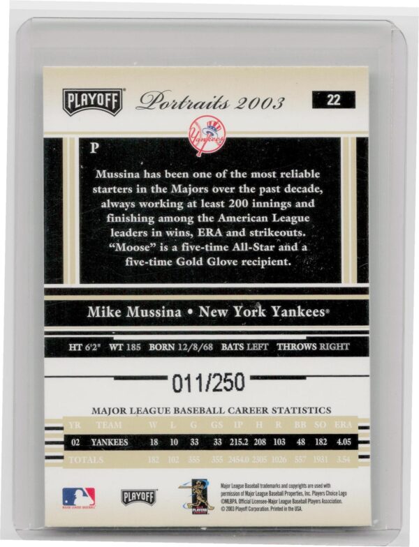 2003 Playoff Portraits Mike Mussina Beige /250 #22 Yankees - Image 3