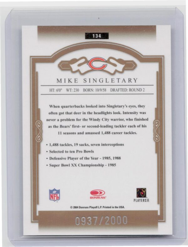 2004 Donruss Classics Mike Singletary /2000 #134 Bears - Image 3