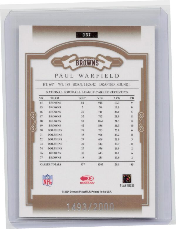 2004 Donruss Classics Paul Warfield /2000 #137 Browns - Image 3