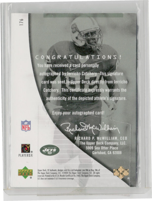 2004 SP Authentic Jerricho Cotchery AU SN990 RC #176 Jets - Image 3
