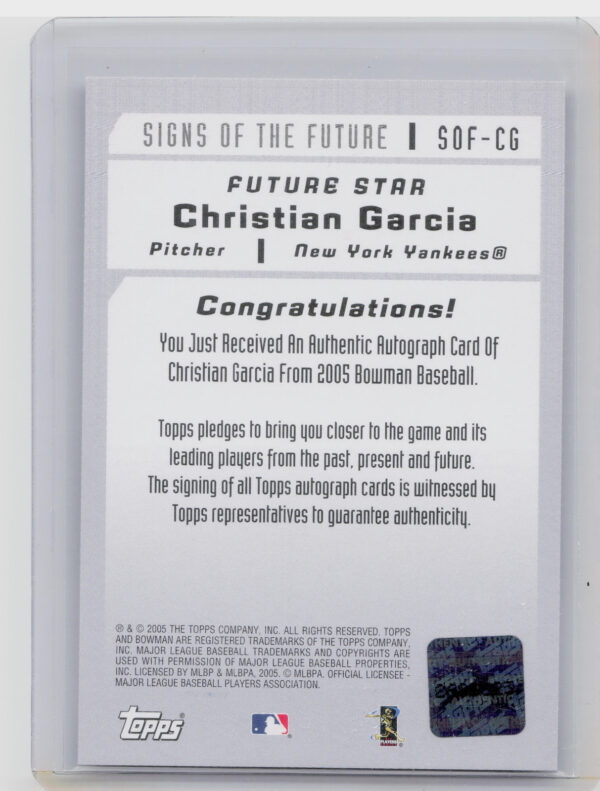 2005 Bowman Christian Garcia AU #SOF-CG Yankees Signs of the Future - Image 3