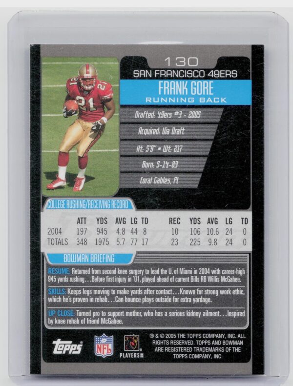 2005 Bowman Frank Gore RC #130 49ers - Image 3