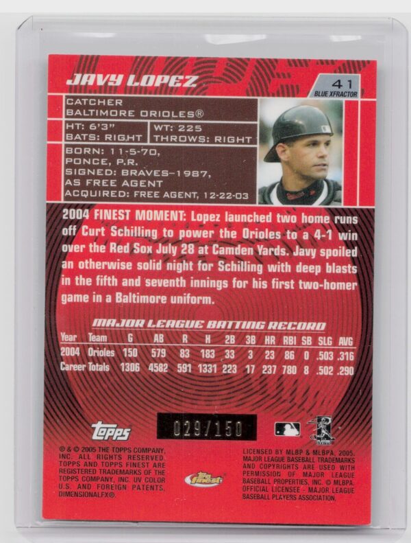 2005 Finest Javy Lopez X Fractors Blue /150 #41 Orioles - Image 3