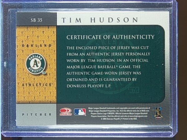 2005 Leaf Tim Hudson JSY GU #SB35 Athletics Shirt Off My Back - Image 3