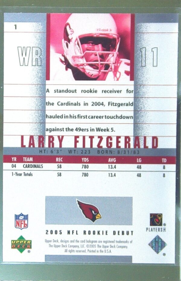 2005 Upper Deck Rookie Debut Larry Fitzgerald RC #1 Cardinals - Image 3