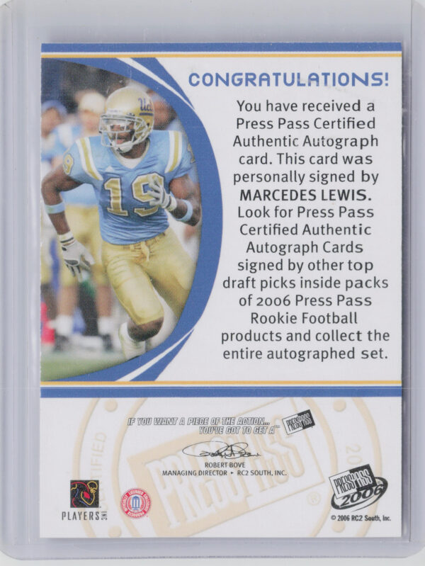 2006 Press Pass Marcedes Lewis #NNO Bruins Autographs Bronze - Image 3