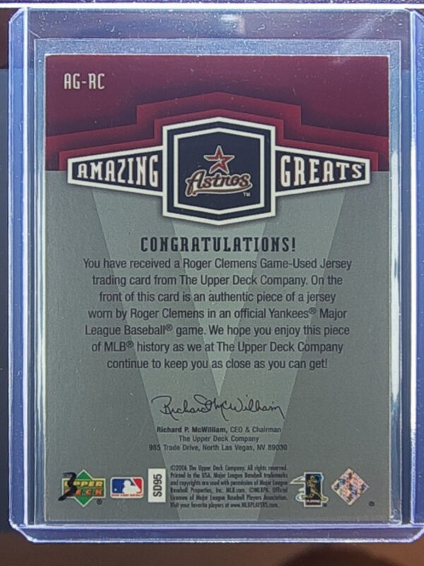 2006 Upper Deck Roger Clemens MEM #AG-RC Astros Amazing Greats Materials - Image 3