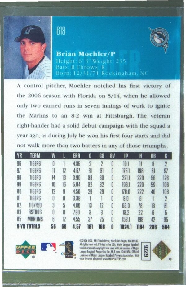2006 Upper Deck Special F/X Brian Moehler Purple /150 #618 Marlins - Image 3