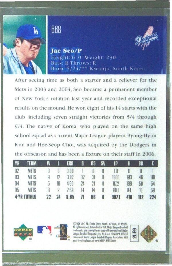 2006 Upper Deck Special F/X Jae Seo Purple /150 #668 Dodgers - Image 3