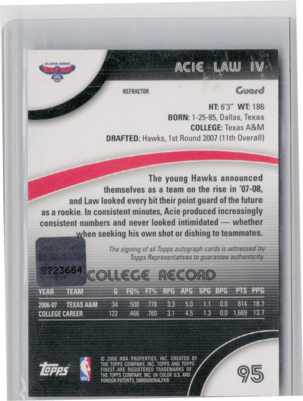 2007-08 Finest Acie Law IV AU #95 Hawks Rookie Autographs Refractors - Image 3