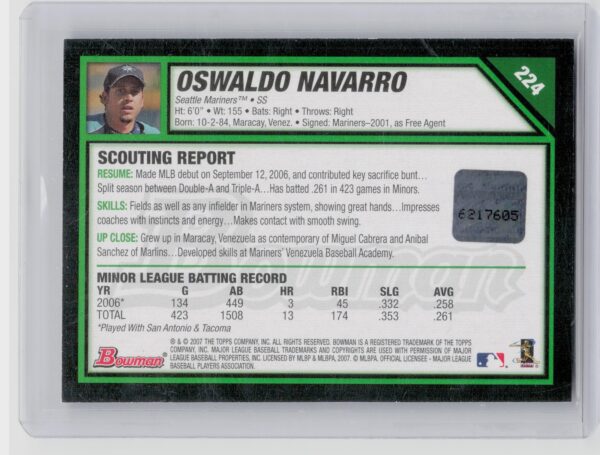 2007 Bowman Oswaldo Navarro AU SP RC #224 Mariners - Image 3