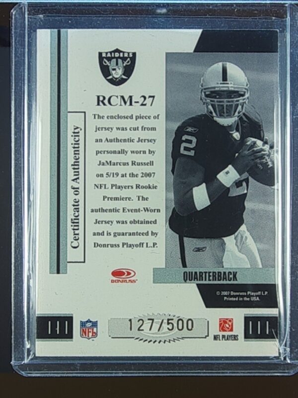 2007 Donruss Threads Jamarcus Russell /500 JSY #RCM-27 Raiders - Image 3