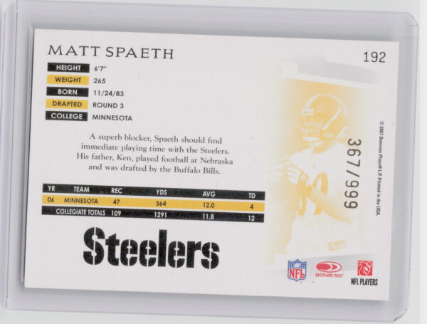 2007 Donruss Threads Matt Spaeth RC SN999 #192 Steelers - Image 3