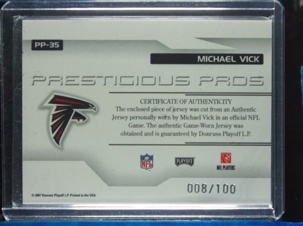 2007 Playoff Prestige Michael Vick MEM SN100 #PP-35 Falcons Prestigious Pros Mat - Image 3