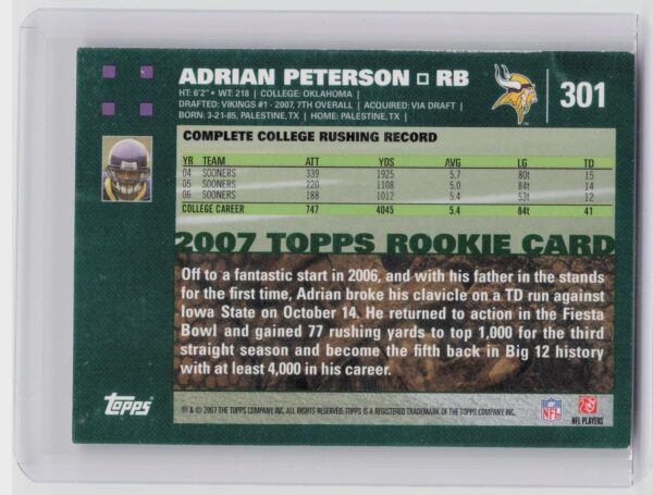 2007 Topps Adrian Peterson Rookie RC #301 Vikings - Image 3