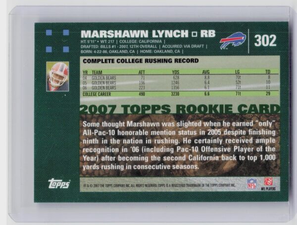 2007 Topps Marshawn Lynch RC #302 Bills - Image 3