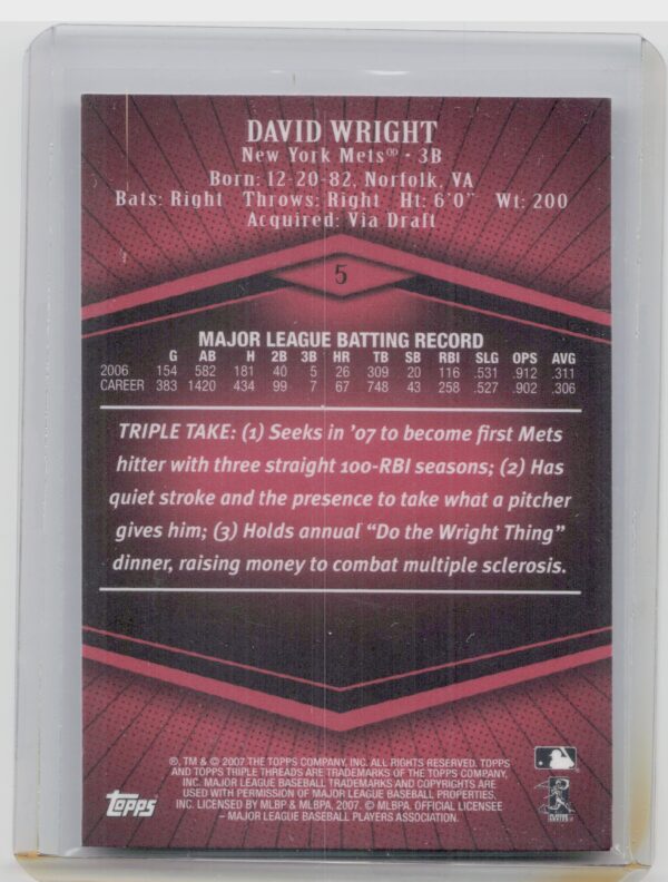 2007 Topps Triple Threads David Wright SN1350 #5 Mets - Image 3