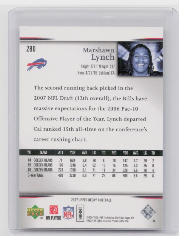 2007 Upper Deck Marshawn Lynch Rookie Exclusives Star Rookies #280 Bills - Image 3
