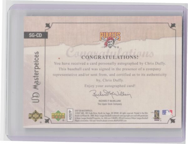 2007 Upper Deck Masterpieces Chris Duffy AU #SG-CD Pirates Stroke of Genius - Image 3