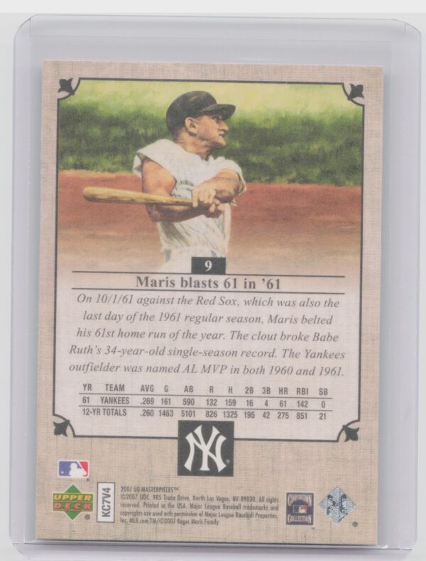 2007 Upper Deck Masterpieces Roger Maris #9 Yankees - Image 3