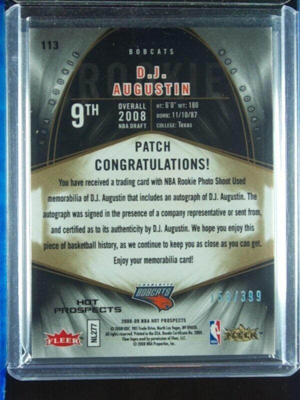 2008-09 Fleer Hot Prospects D.J. Augustin MEM AU RC SN399 #113 Bobcats - Image 3