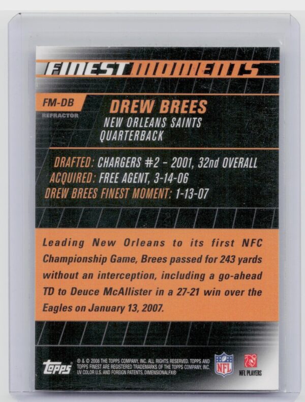 2008 Finest Drew Brees #FM-DB Saints Moments Refractors - Image 3