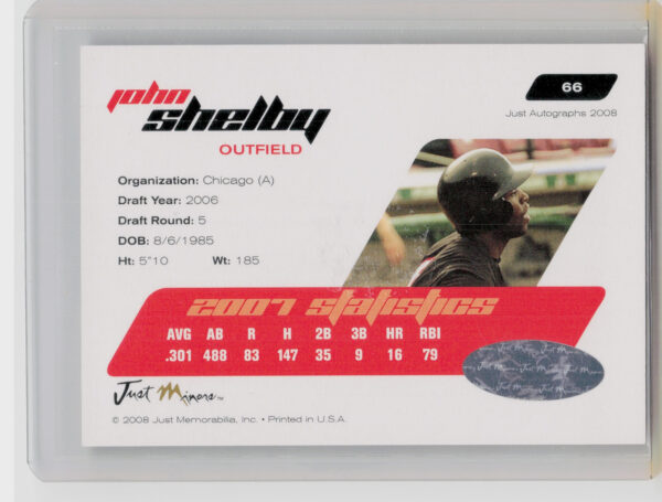 2008 Just Autographs John Shelby AU #66 Sox Signatures - Image 3