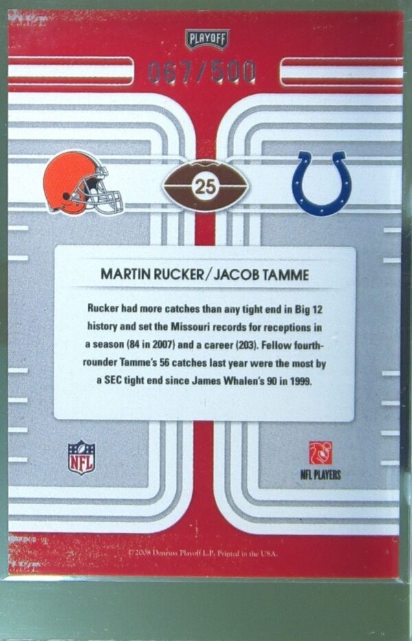 2008 Playoff Contenders Martin Rucker / Jacob Tamme /500 RC #25 Round Numbers - Image 3