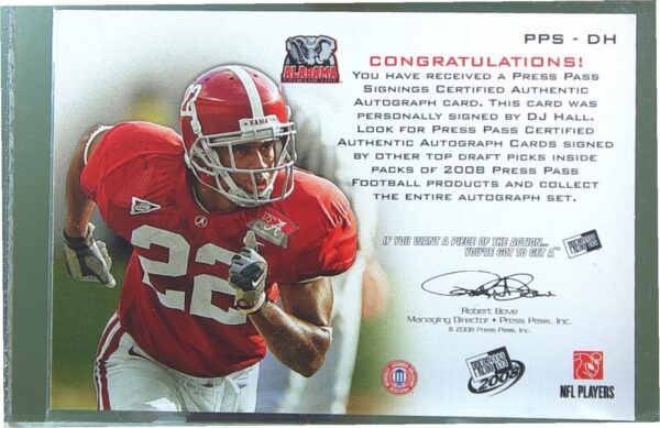 2008 Press Pass DJ Hall Auto /99 RC #PPS-DH Tide Autographs Gold - Image 3