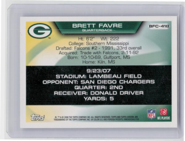 2008 Topps Chrome Brett Favre #BFC-418 Packers Brett Favre Collection - Image 3