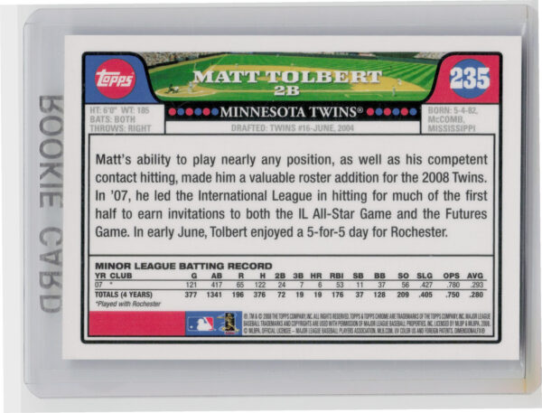 2008 Topps Chrome Matt Tolbert AU RC #235 Twins - Image 3