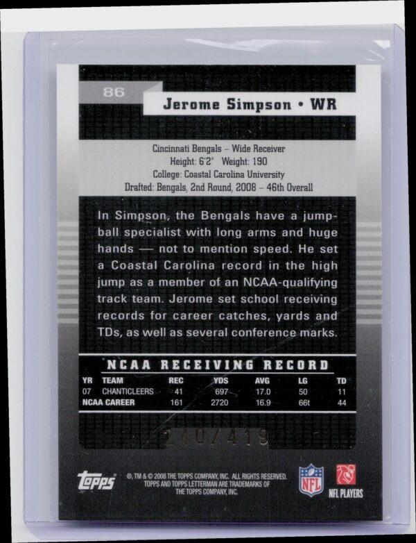 2008 Topps Letterman Jerome Simpson /419 RC #86 Bengals - Image 3