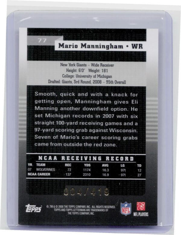 2008 Topps Letterman Mario Manningham /419 RC #77 Giants - Image 3