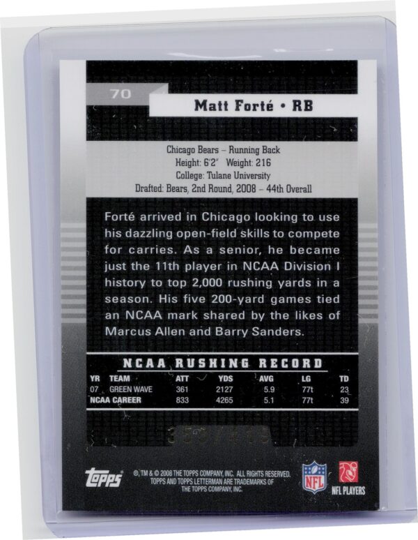 2008 Topps Letterman Matt Forte Rookie #70 Bears - Image 3