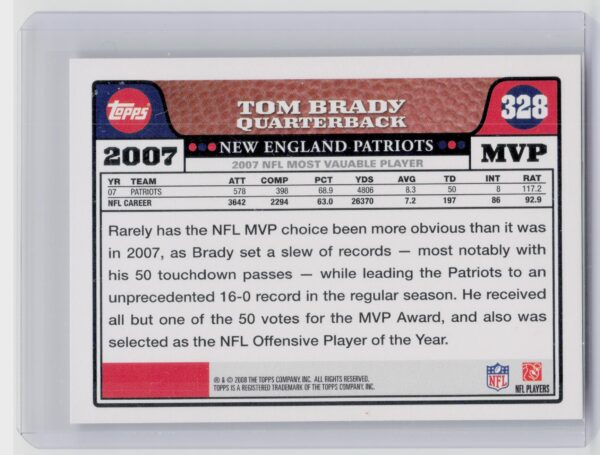 2008 Topps Tom Brady #328 Patriots - Image 3