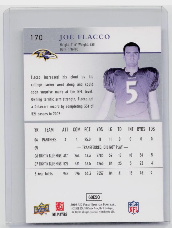 2008 Upper Deck First Edition Joe Flacco RC #170 Ravens - Image 3
