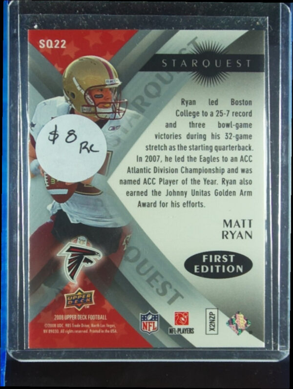 2008 Upper Deck First Edition Matt Ryan #SQ22 Falcons StarQuest - Image 3