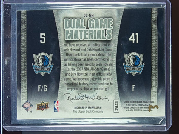 2009-10 Upper Deck Dirk Nowitzki / Josh Howard MEM #DG-NH Mavericks Dual Game Ma - Image 3