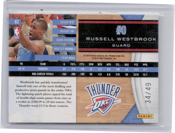 2010-11 Panini Limited Russell Westbrook Gold Spotlight SN49 #82 Thunder - Image 3