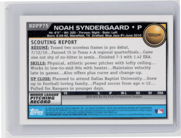 2010 Bowman Draft Picks & Prospects Noah Syndergaard #BDPP75 Jays Chrome Prospec - Image 3
