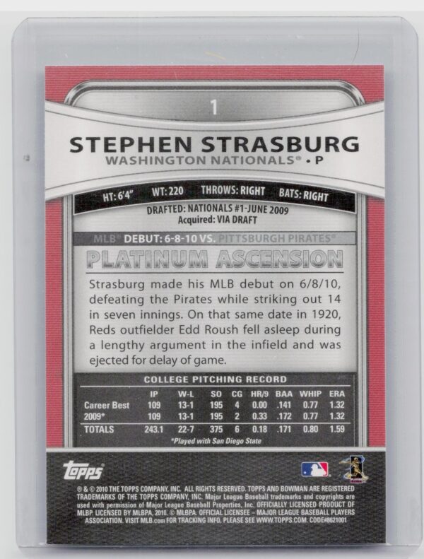 2010 Bowman Platinum Stephen Strasburg RC #1 Nationals - Image 3