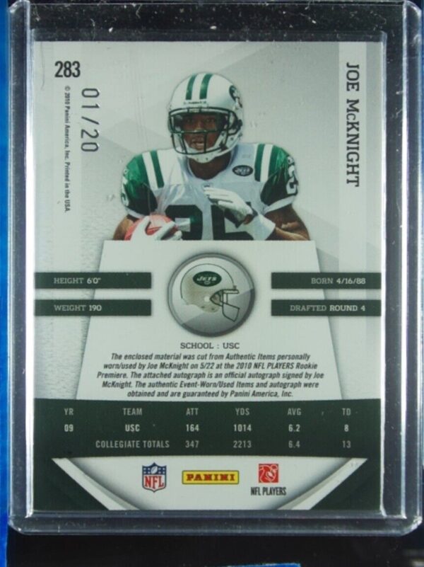 2010 Panini Gridiron Gear Joe McKnight AU SN20 MEM #283 Jets Rookie Gridiron Gem - Image 3