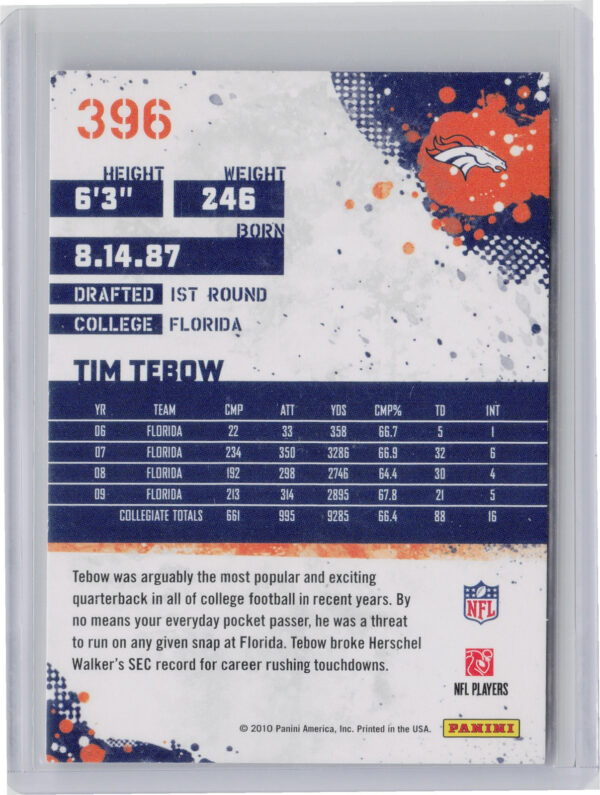2010 Score Tim Tebow #396 Broncos - Image 3